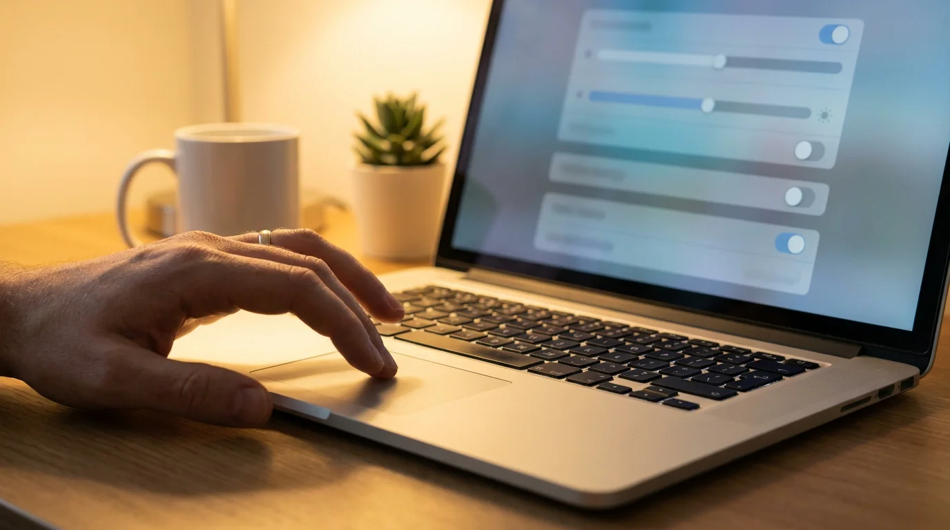 Nahaufnahme einer Hand am Laptop, die Einstellungen für automatisches Spiel auswählt