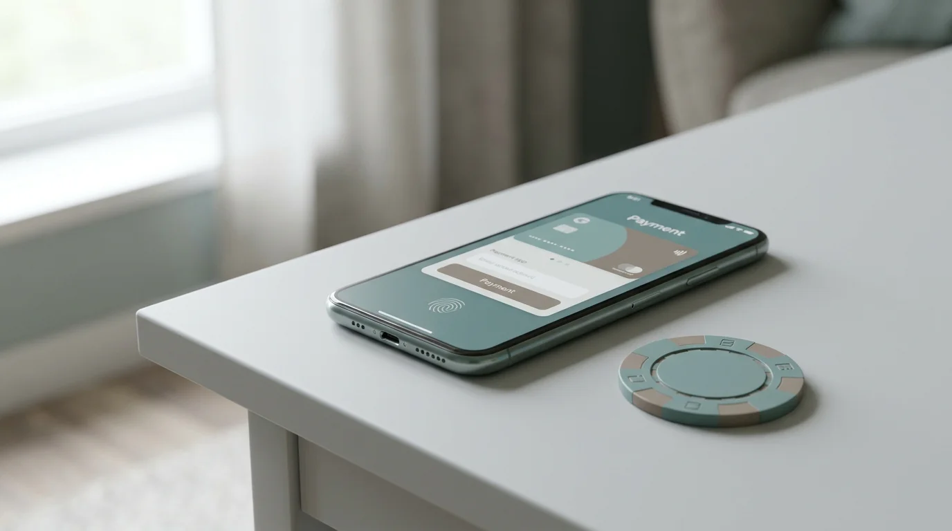 Smartphone mit geöffneter Zahlungs-App neben einem Spielchip auf einem Schreibtisch