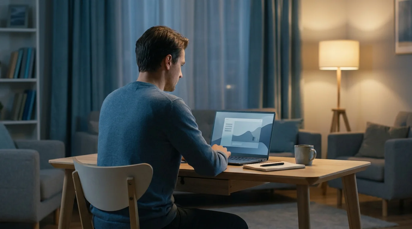 Spieler am Laptop in ruhiger Abendstimmung recherchiert Online Casinos ohne Limit