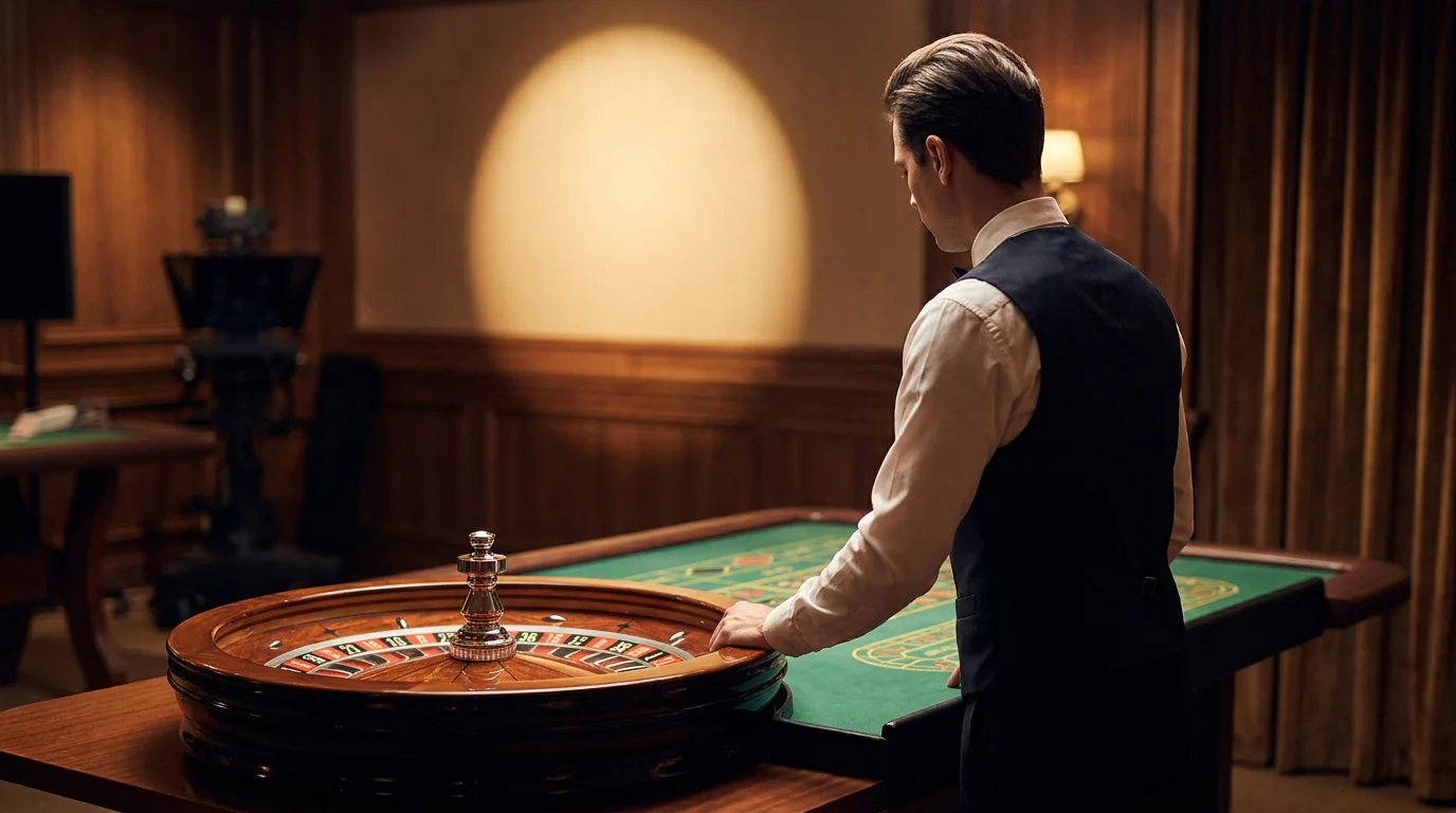 Live-Casino-Tisch mit Roulettekessel und Croupier von der Seite als Sinnbild für das Krypto-Spielangebot