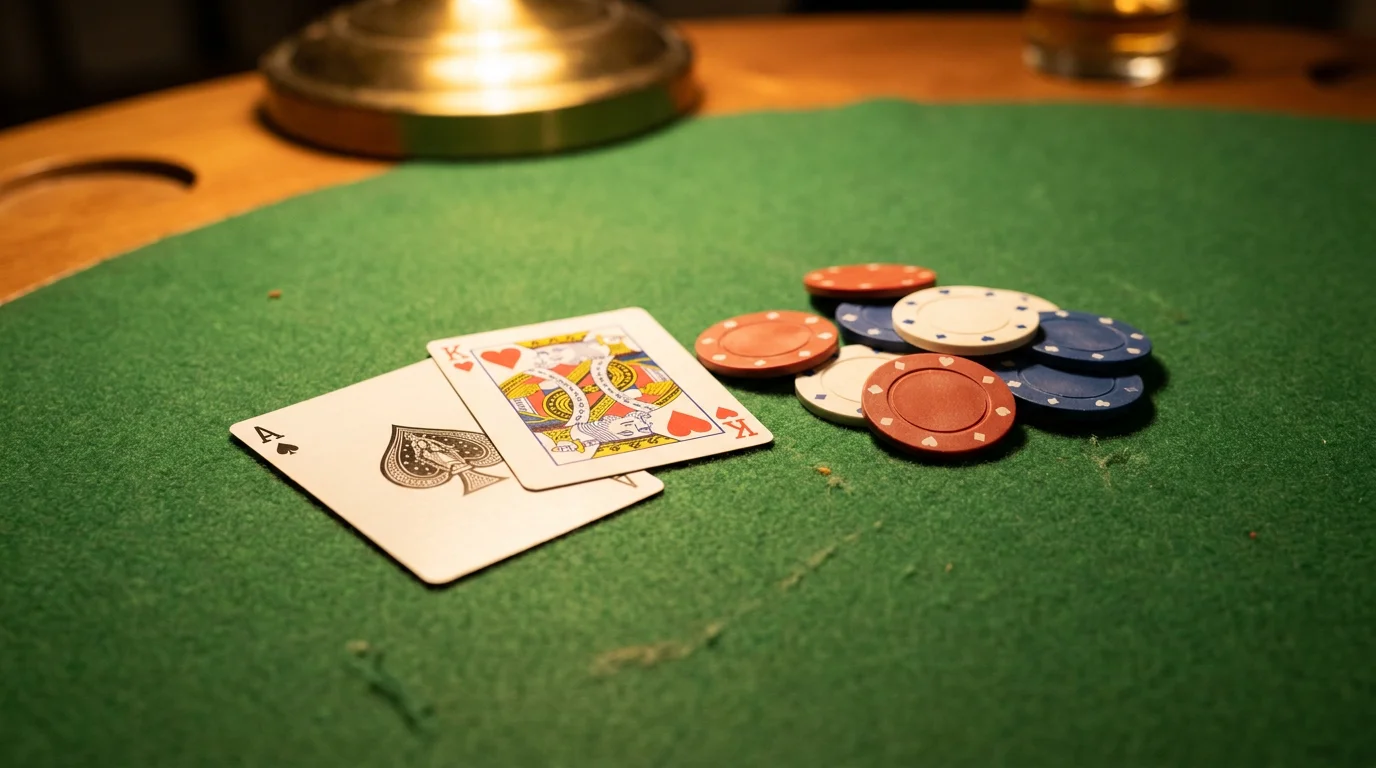 Blackjack-Hand mit Ass und Bildkarte auf grünem Filz neben Spielmarken ohne Wertangabe