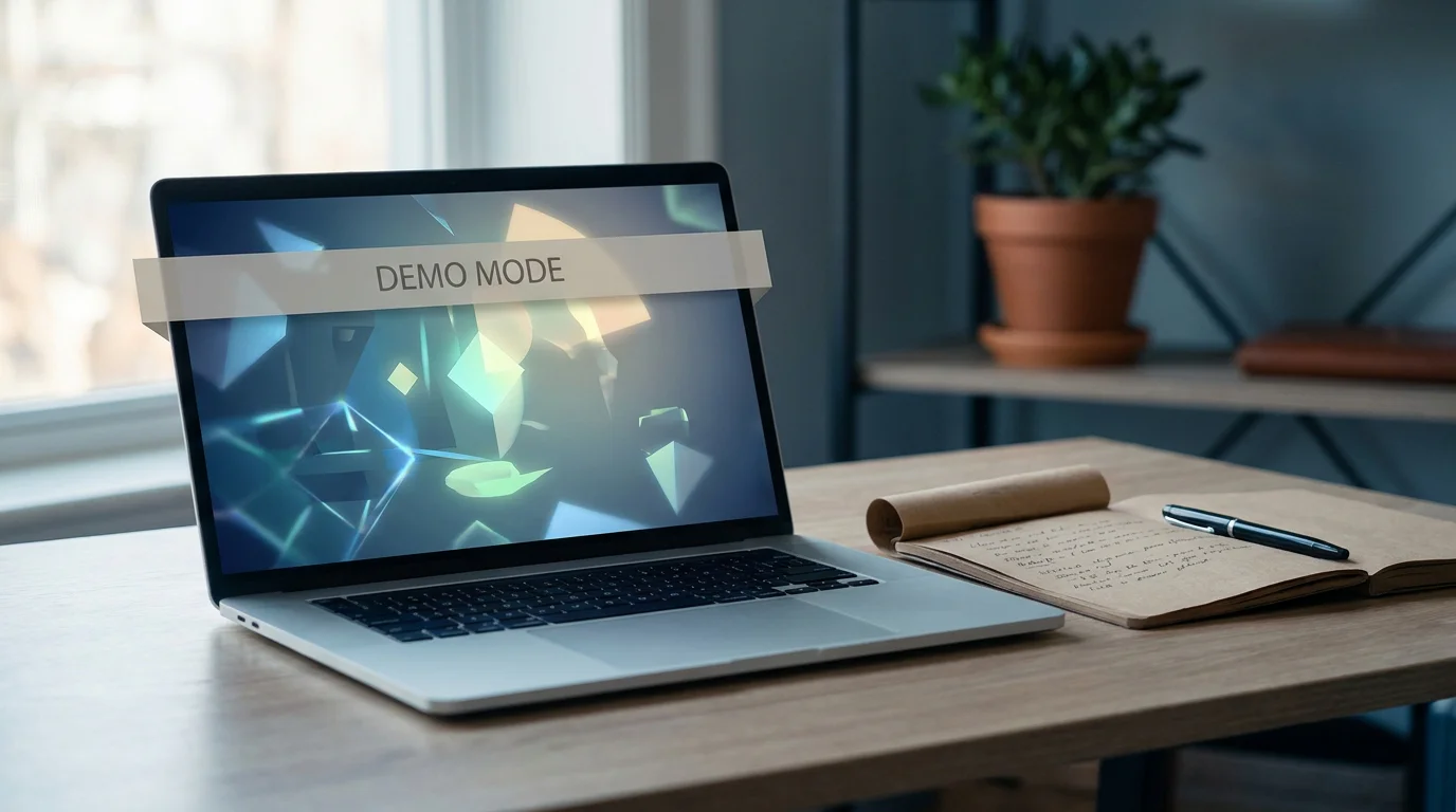 Laptop mit geöffneter Demo-Oberfläche eines Spielautomaten, dazu ein Notizbuch mit Beobachtungen