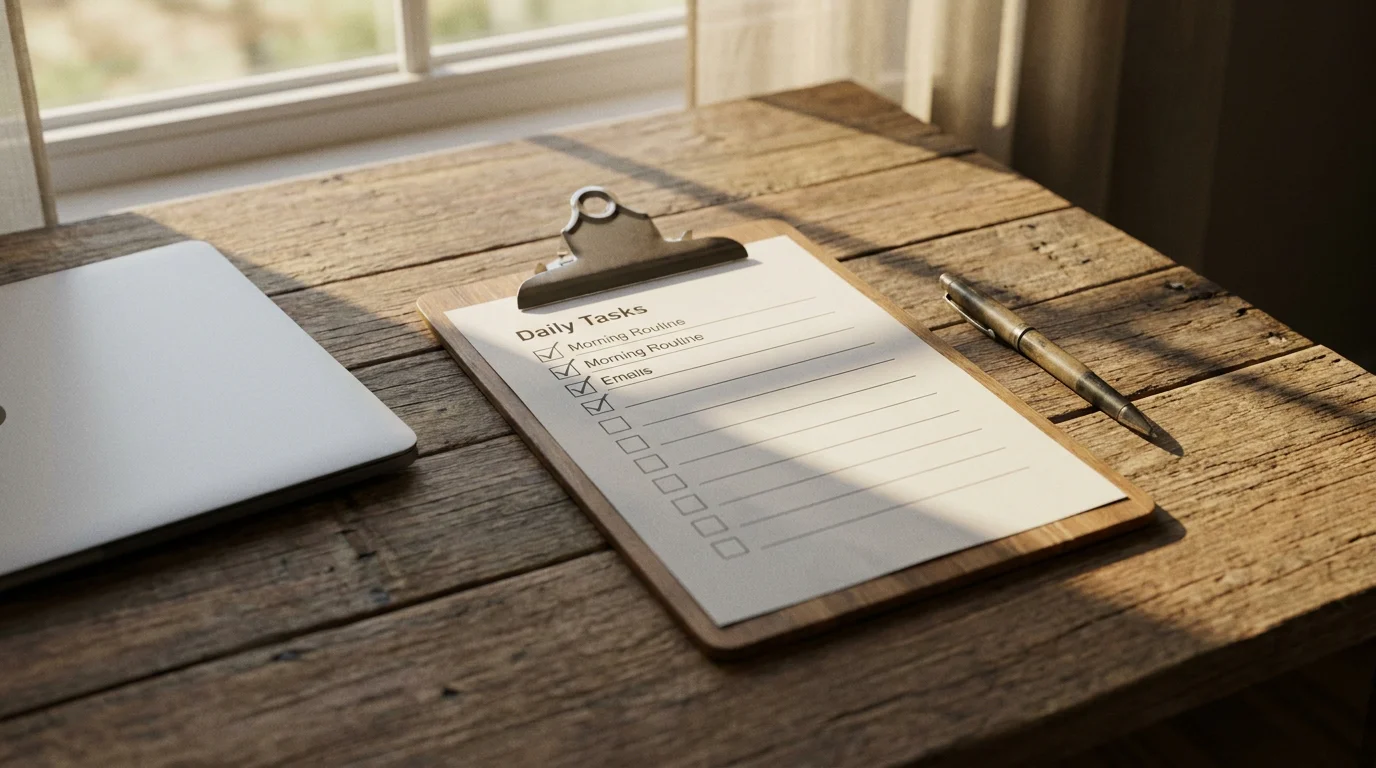 Ausgedruckte Checkliste auf einem Klemmbrett neben Laptop zum Prüfen von Casino-Bonusbedingungen