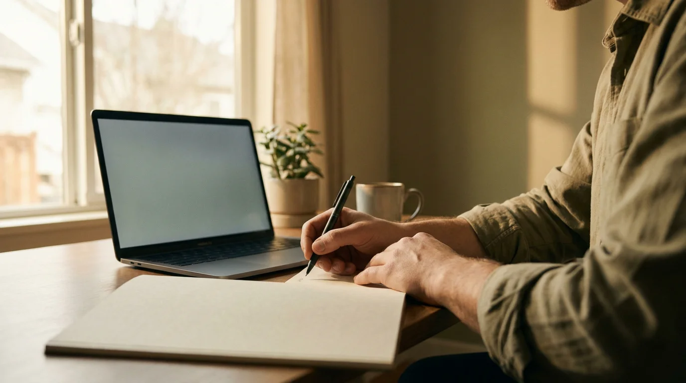 Person plant ihr Spielbudget mit Stift und Notizblock am Schreibtisch