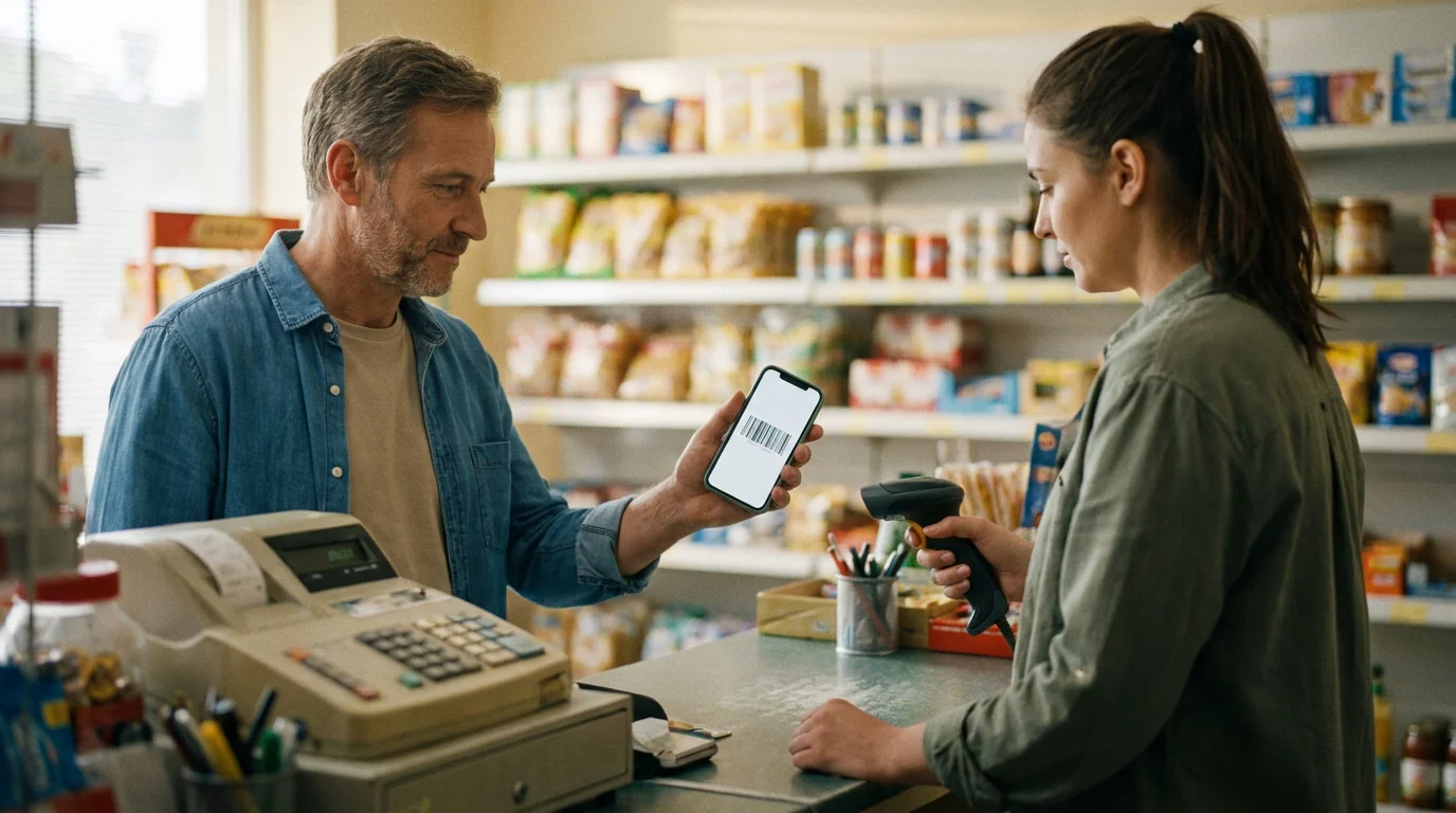 Barcode auf dem Smartphone an der Kasse eines Kiosks für die CashtoCode-Einzahlung