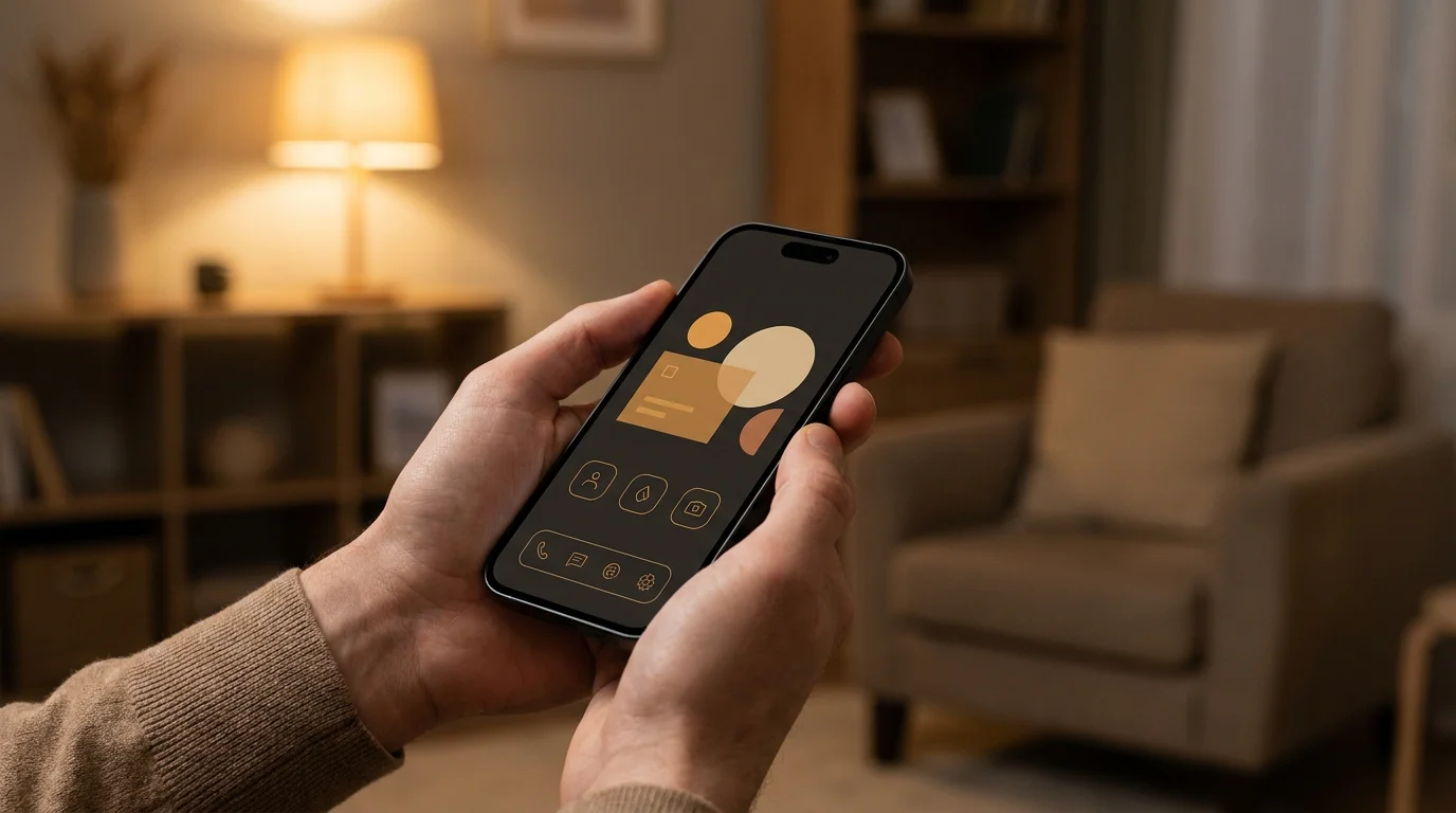 Smartphone in der Hand mit neutraler Casino-Oberfläche vor unscharfem Wohnzimmer-Hintergrund