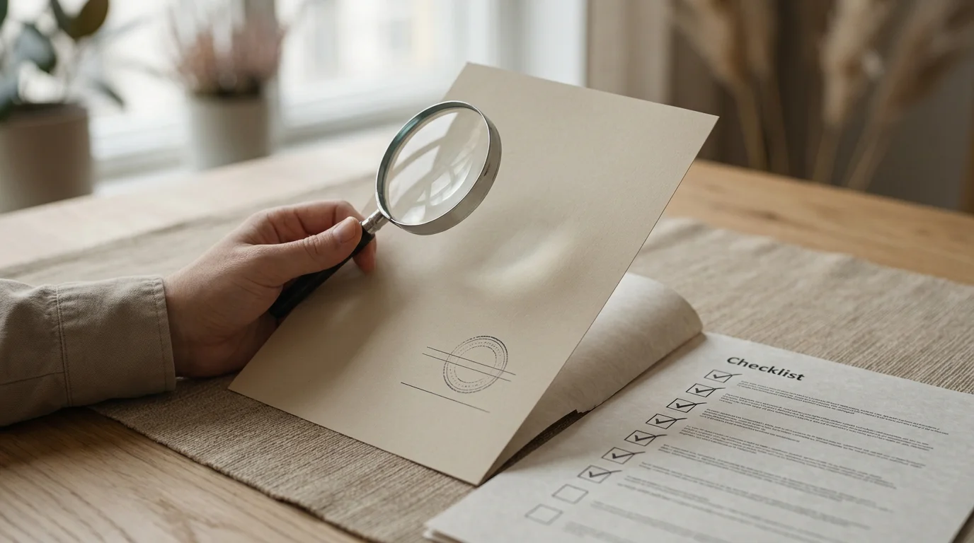 Lupe über einem neutralen Lizenzdokument mit Stempel neben einer Checkliste