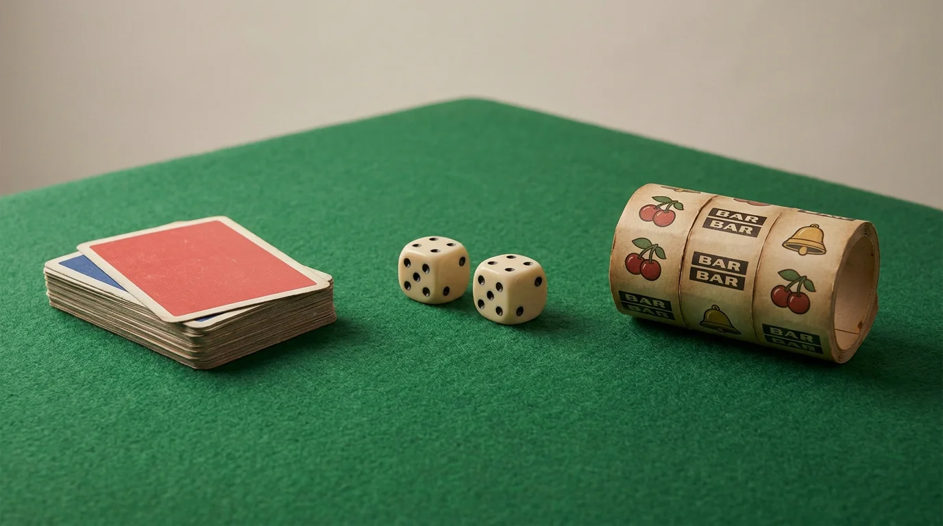 Vergleich von Casinospielen mit hoher Gewinnchance: Kartentisch, Würfel und Spielautomat