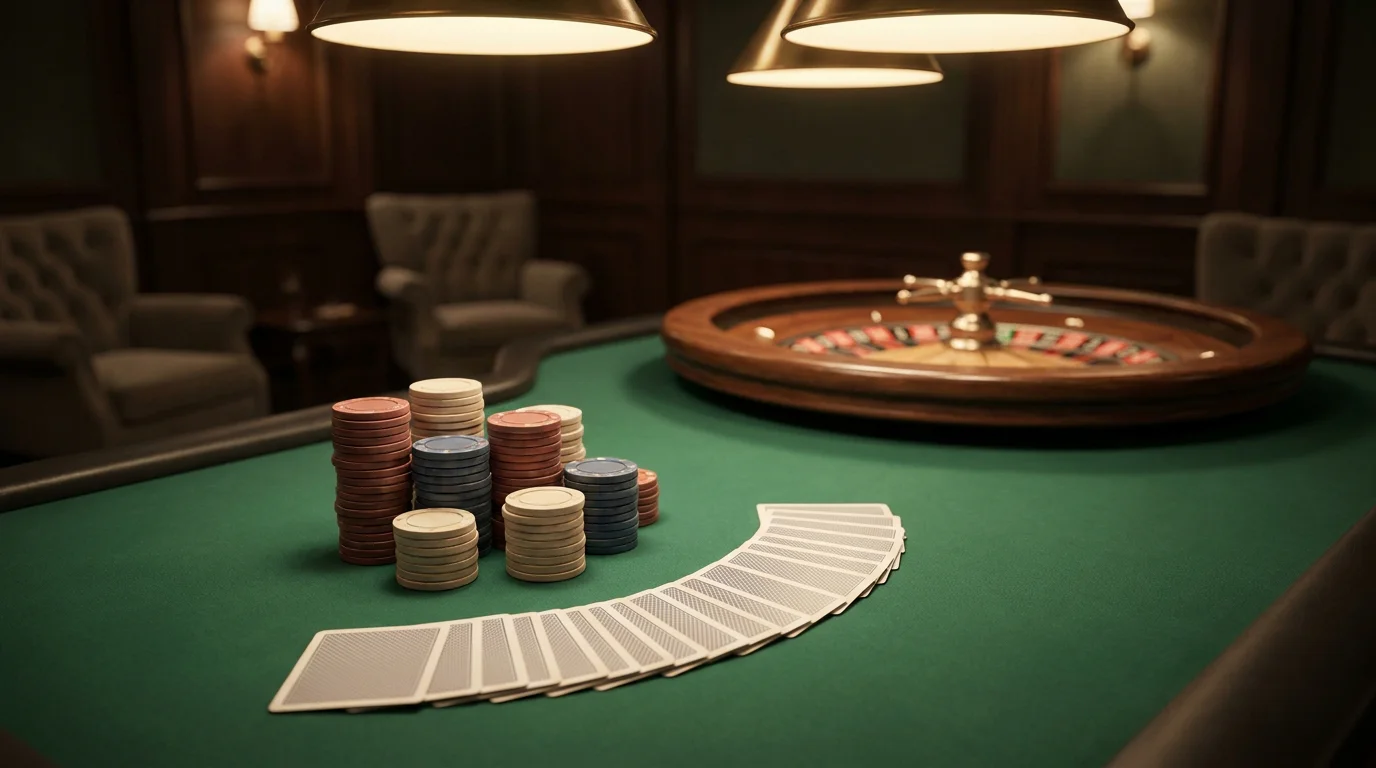 Casino-Tisch mit Karten und Chips zum Hausvorteil der Spiele