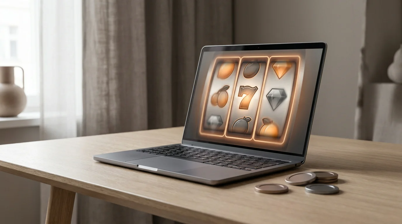 Laptop mit Spielautomat und Spielchips ohne Wert für Einsätze von einem Cent bis mehreren Euro
