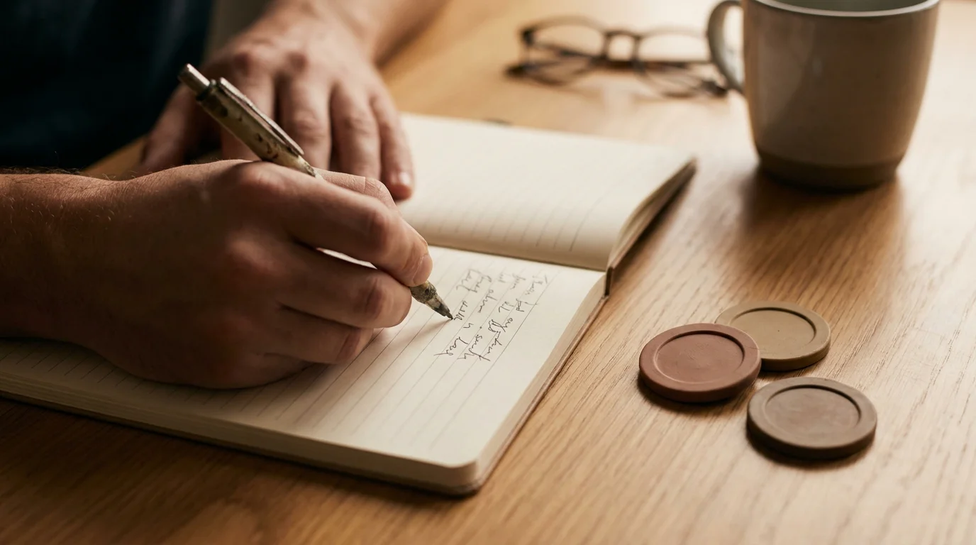Notizblock mit handschriftlicher Craps-Wettstrategie neben Spielchips ohne Wert