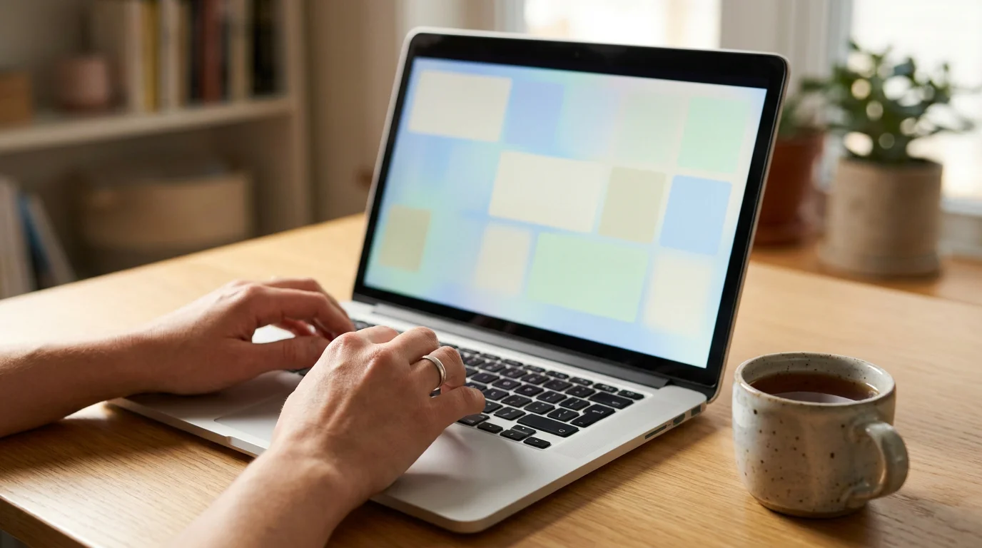 Hände über einer Laptop-Tastatur mit einem neutralen Testmodus-Bildschirm ohne Marken-Elemente