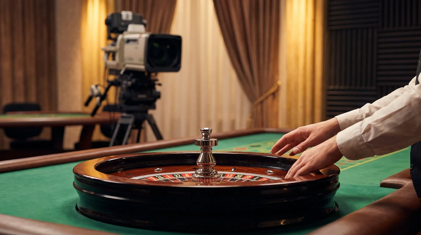 Live-Dealer-Tisch mit Croupier am Roulette-Kessel im Studio