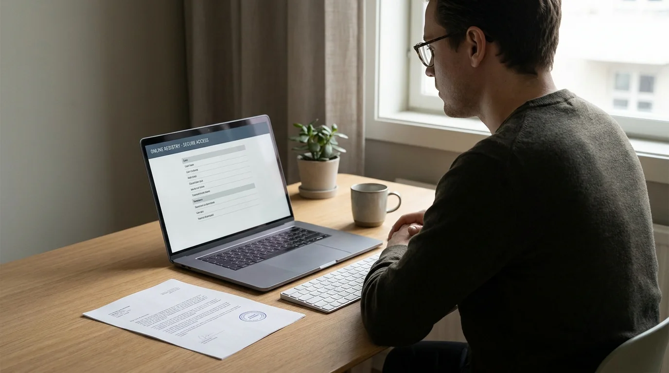 Person prüft am Laptop ein amtliches Register für lizenzierte Online-Casinos