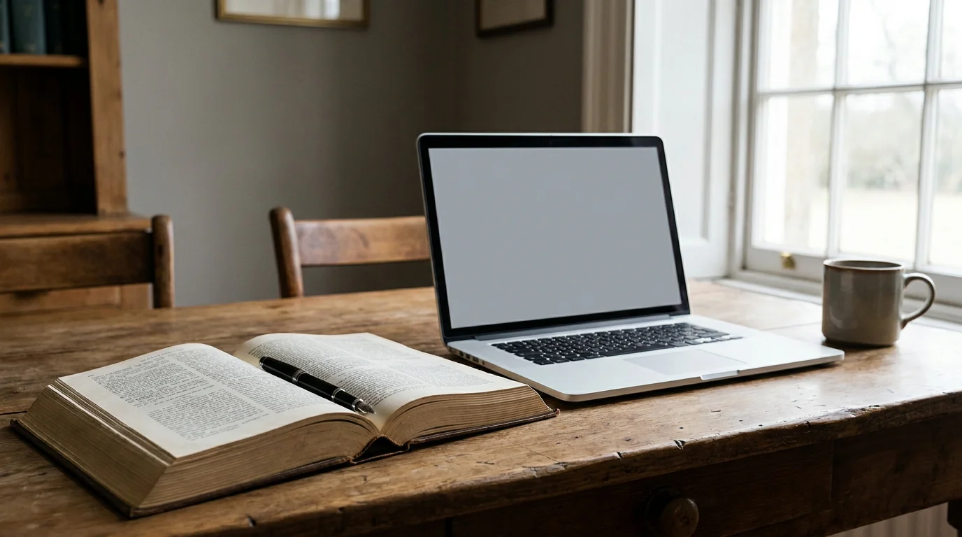 Aufgeschlagenes deutsches Gesetzbuch neben einem Laptop mit ruhiger Regulierungsübersicht