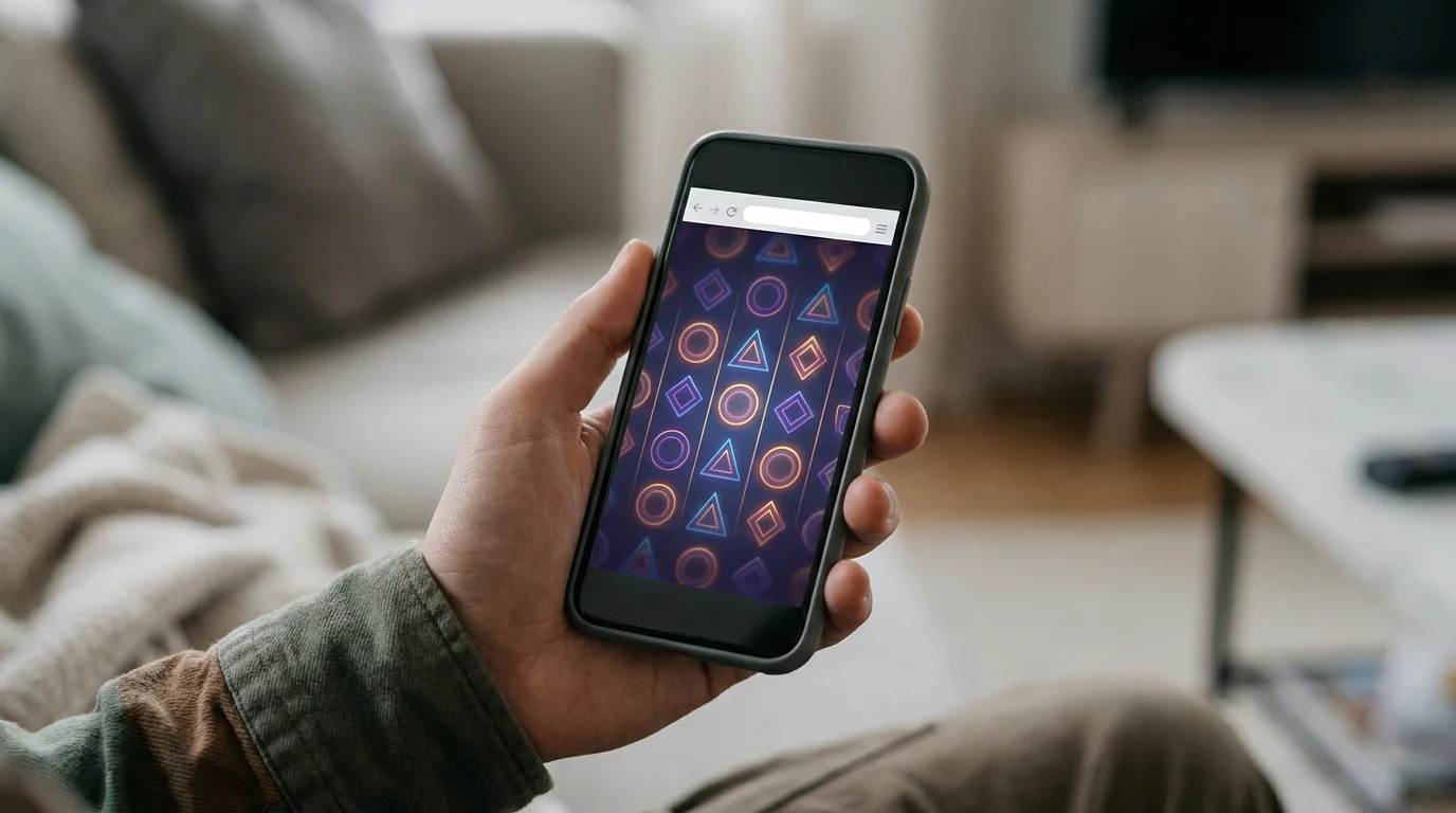 Hand hält Smartphone mit Automatenspiel im mobilen Browser ohne App