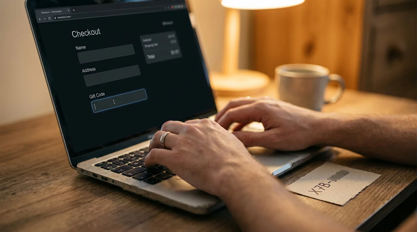 Person gibt einen Gutschein-Code im Kassenbereich eines Online Casinos ein