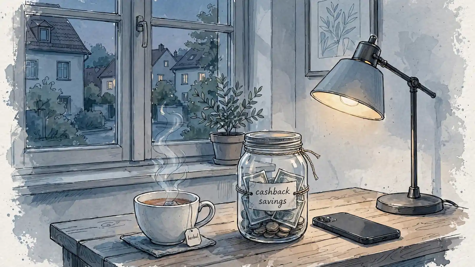 Abendliche Szene mit einem Glas für Cashback-Rückerstattung auf einem Holztisch