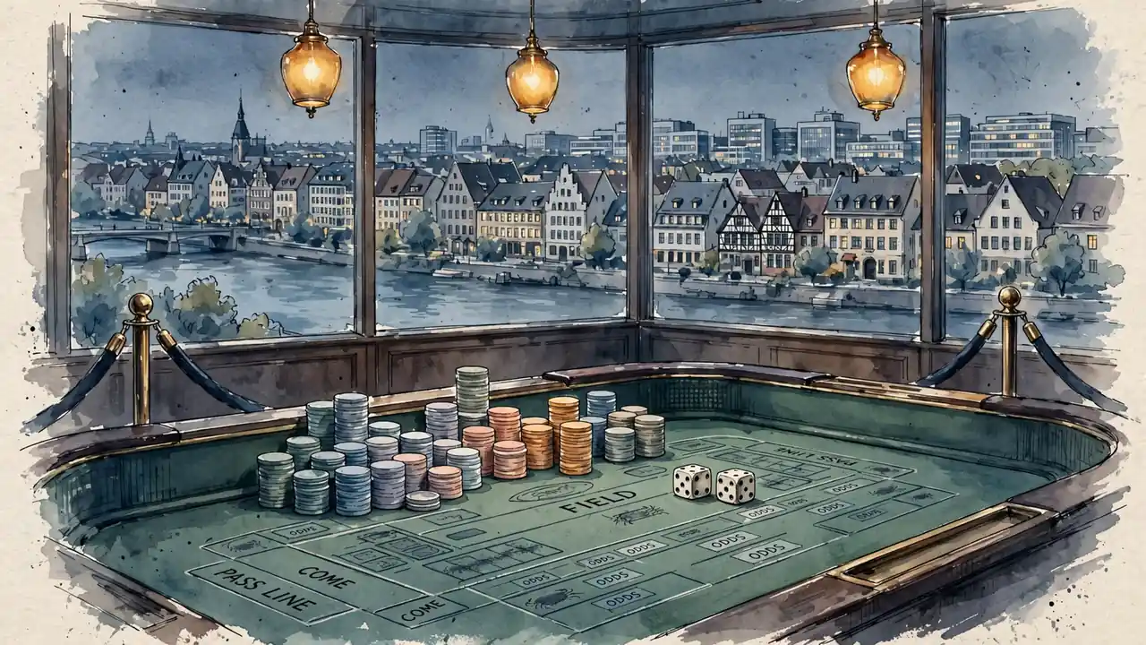 Stimmungsvolles Casino-Lounge mit Craps-Tisch, Spielchips und Würfeln vor deutscher Stadtsilhouette bei Nacht.