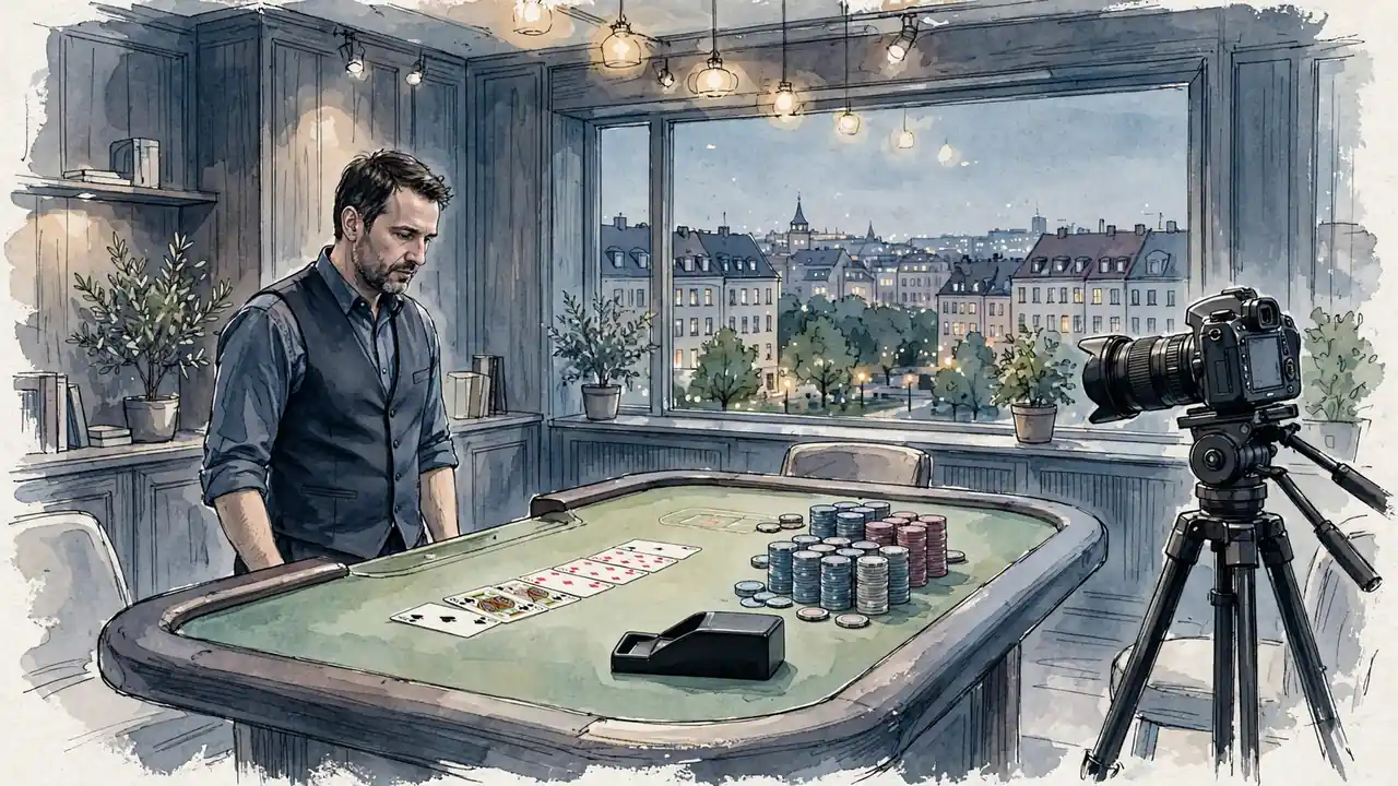 Professioneller Croupier neben einem Roulette-Tisch in einem deutschen Live-Casino-Studio mit warmer Beleuchtung.