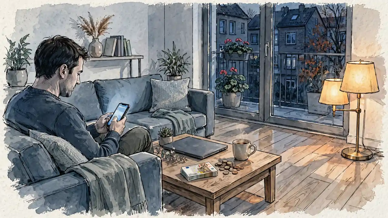 Abendliche Wohnzimmerszene mit Smartphone und Euro-Banknoten auf dem Tisch