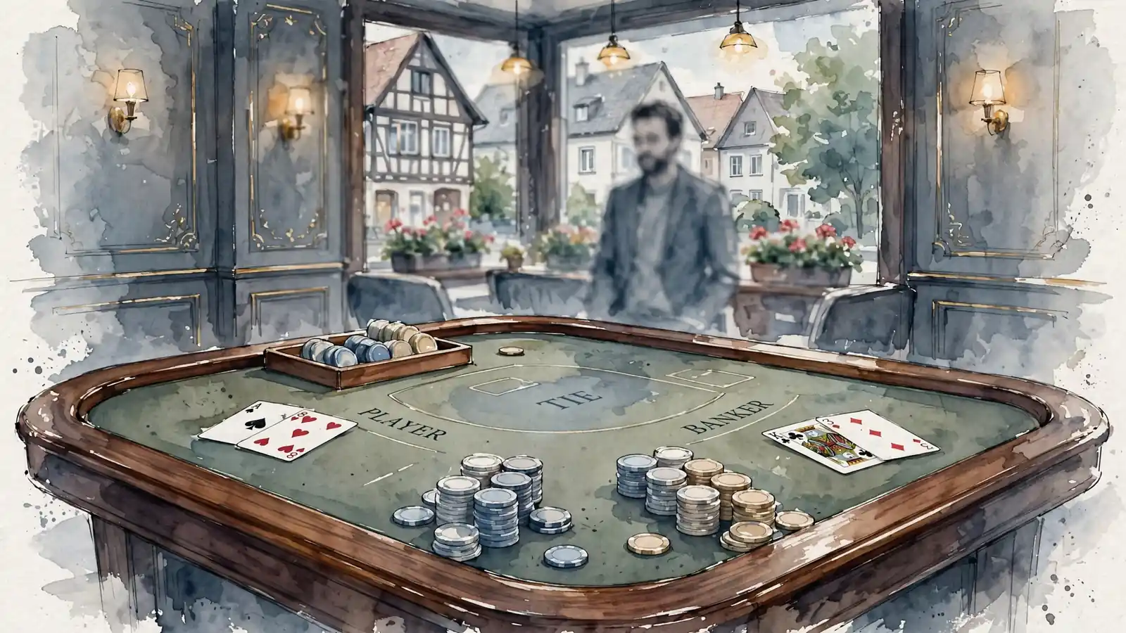 Eleganter Live-Baccarat-Tisch mit Karten und Chips im Casino-Studio