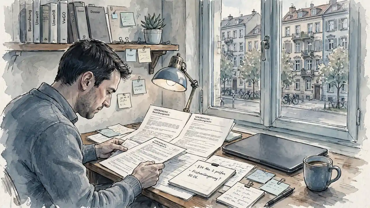 Mann am Schreibtisch prüft Dokumente in Berliner Homeoffice.