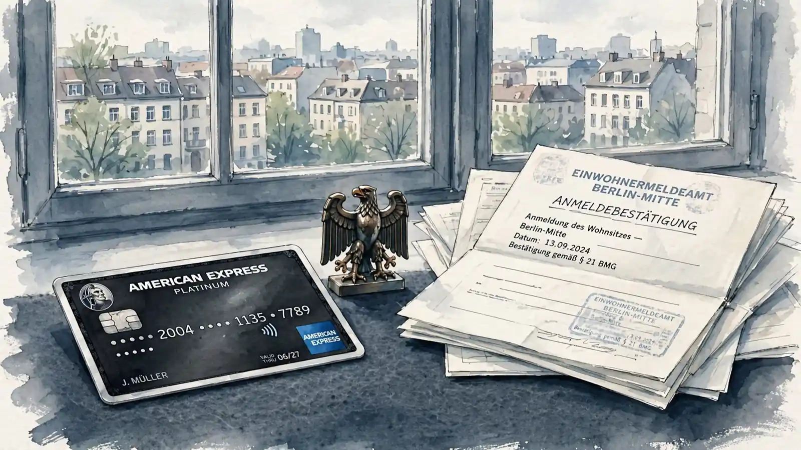 American Express Karte neben Dokumenten und Berliner Skyline