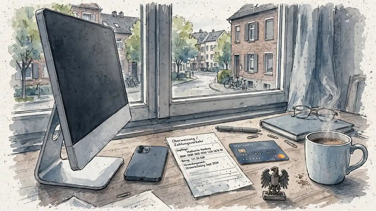 Schreibtisch mit Computer, Smartphone und Banküberweisungsbeleg in einer deutschen Wohnung