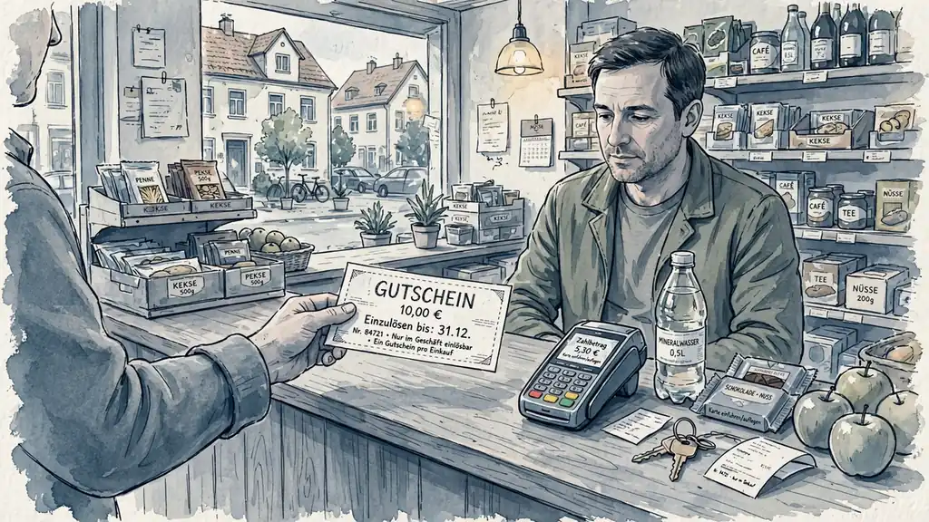 Bedienung übergibt einen gedruckten Zahlungsgutschein über die Ladentheke eines deutschen Kiosks.