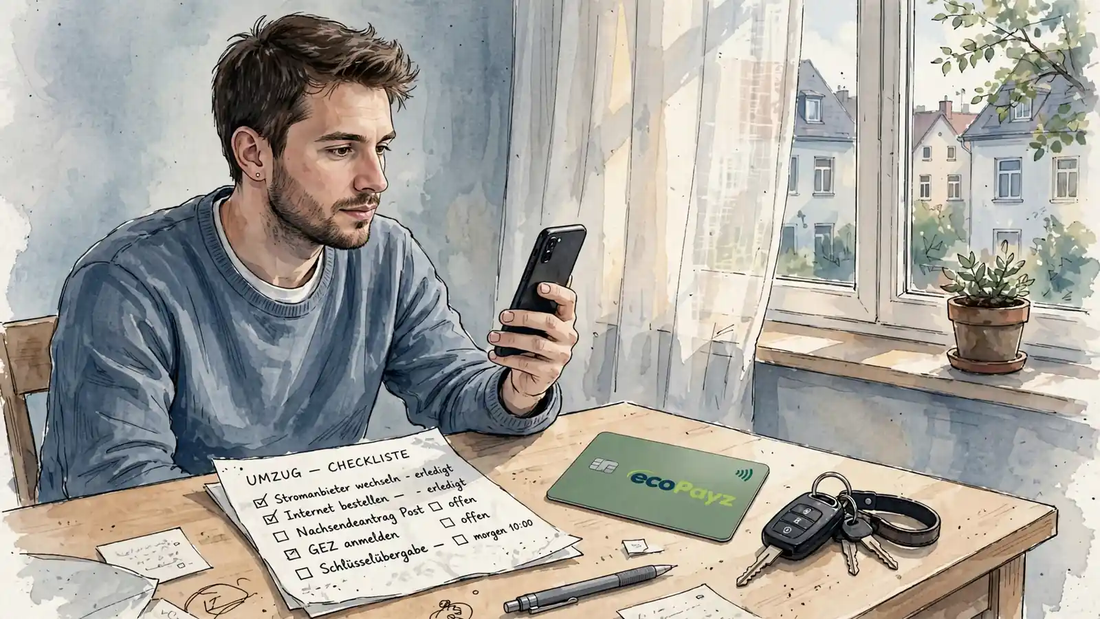 Mann am Schreibtisch prüft Anbieter mit ecoPayz-Karte
