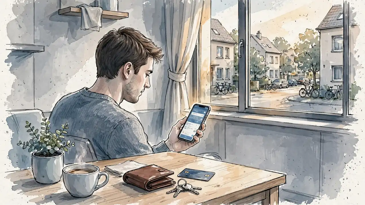 Junger Mann in deutscher Wohnung mit Smartphone und Bankkarte am Küchentisch