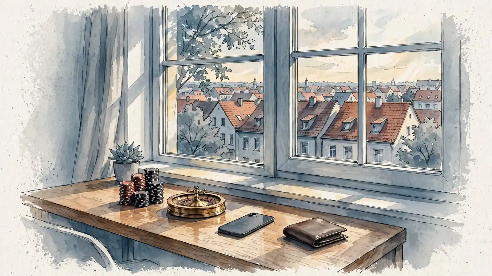 Modernes deutsches Apartment mit Schreibtisch, Casino-Chips und Roulette-Modell