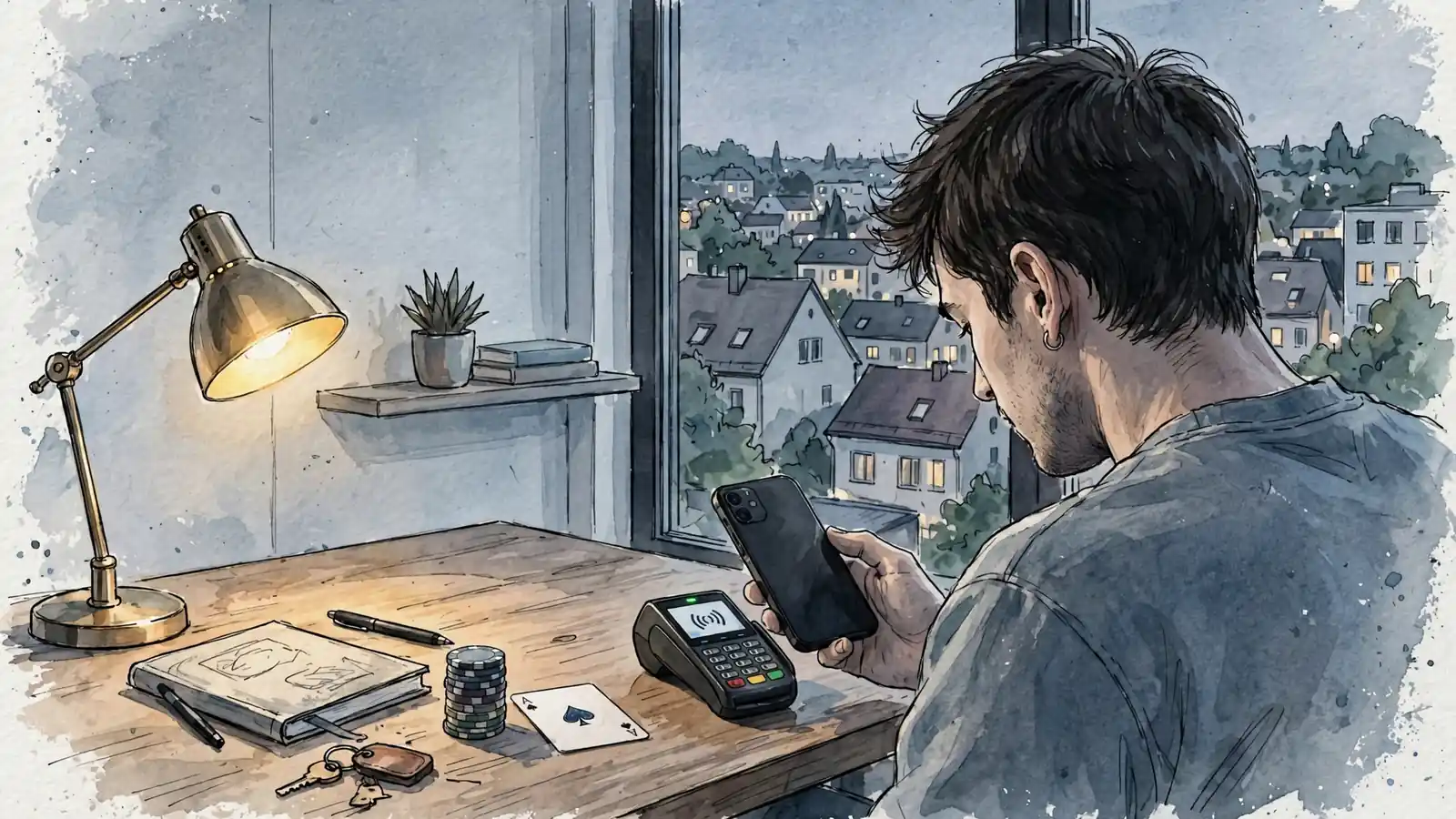 Person in moderner Wohnung, kontaktlose Bezahlung mit Smartphone, Casino-Chips auf dem Tisch