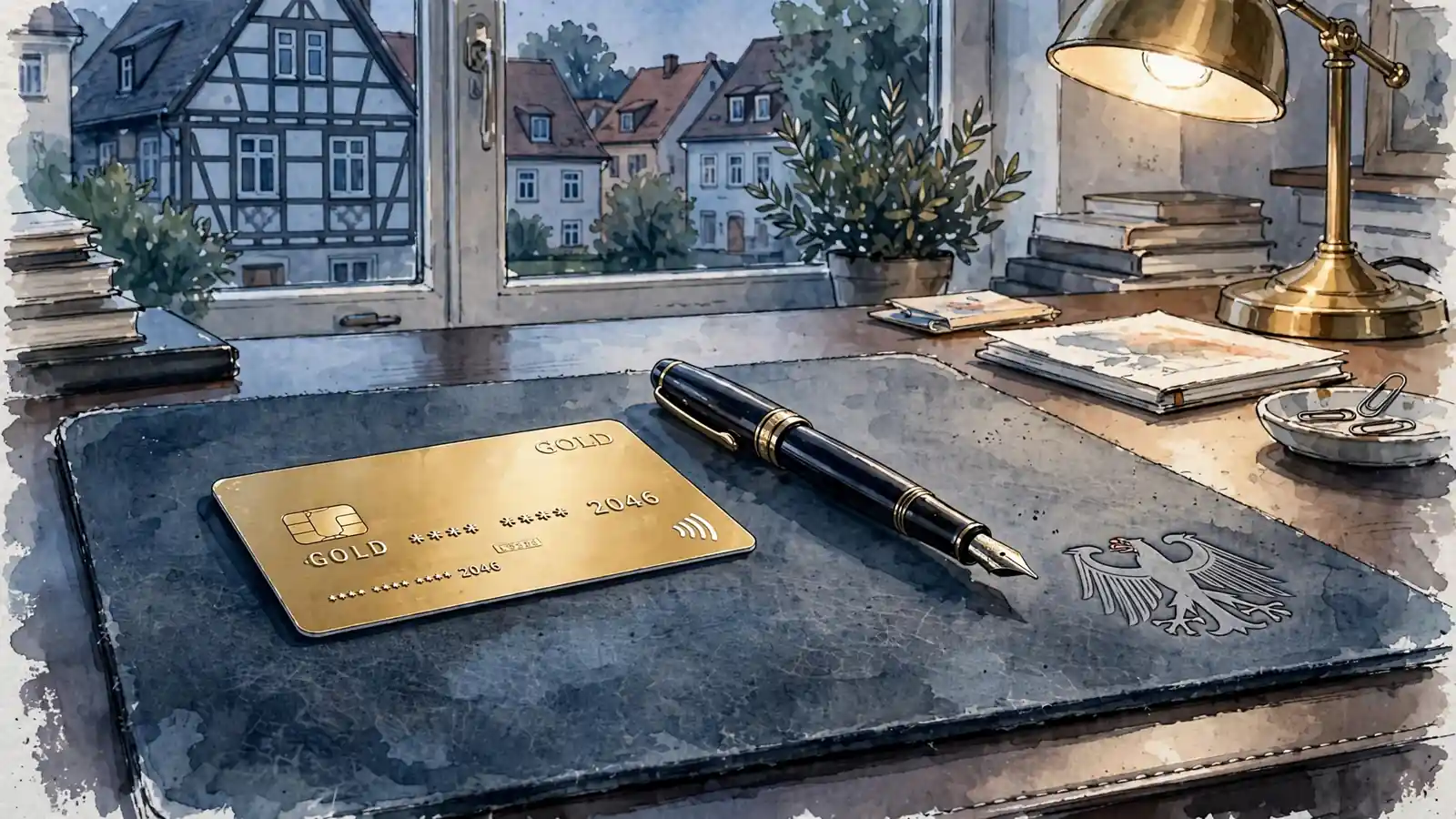 Goldene Kreditkarte neben Füller auf Schreibtisch, Deutschland-Kontext