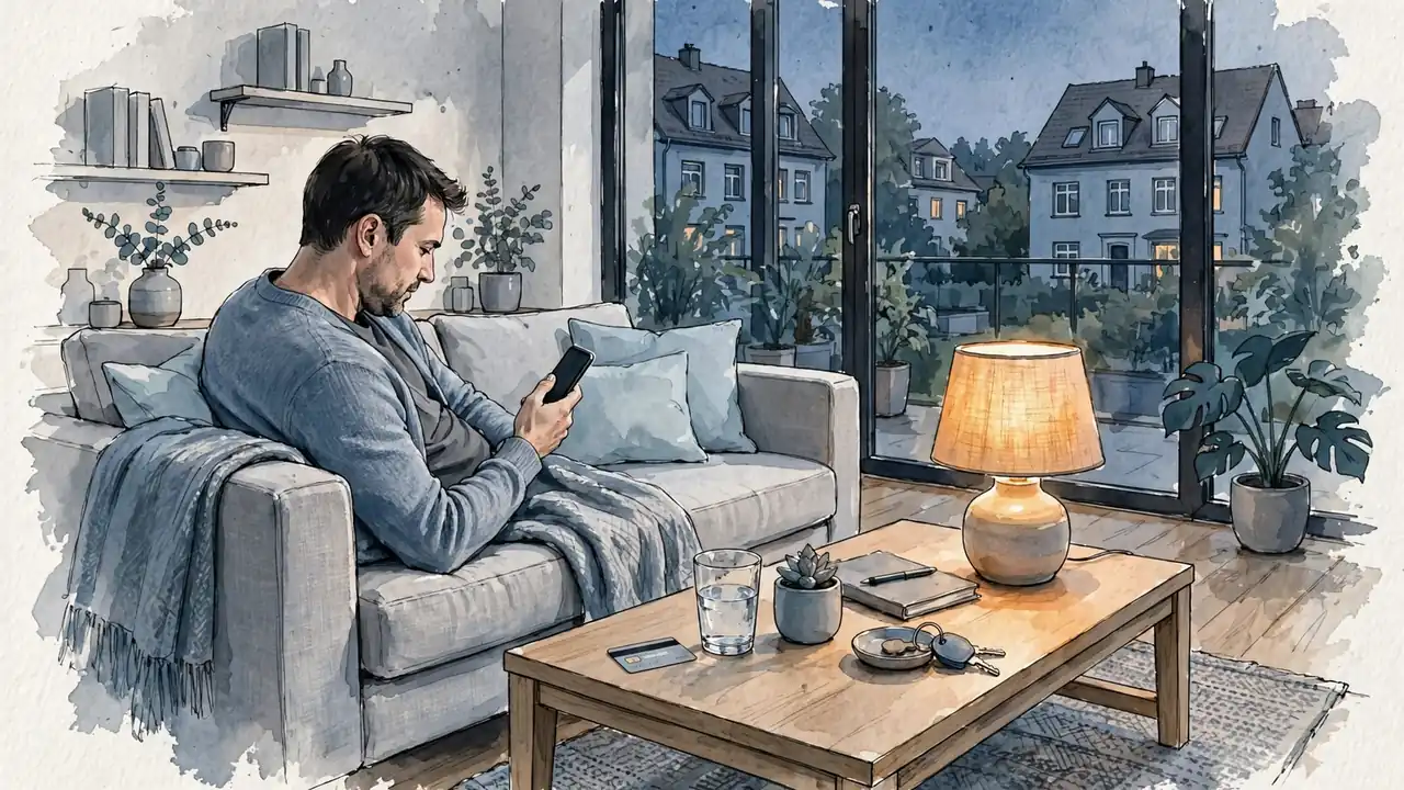Person entspannt mit Smartphone und Bankkarte im deutschen Wohnzimmer.