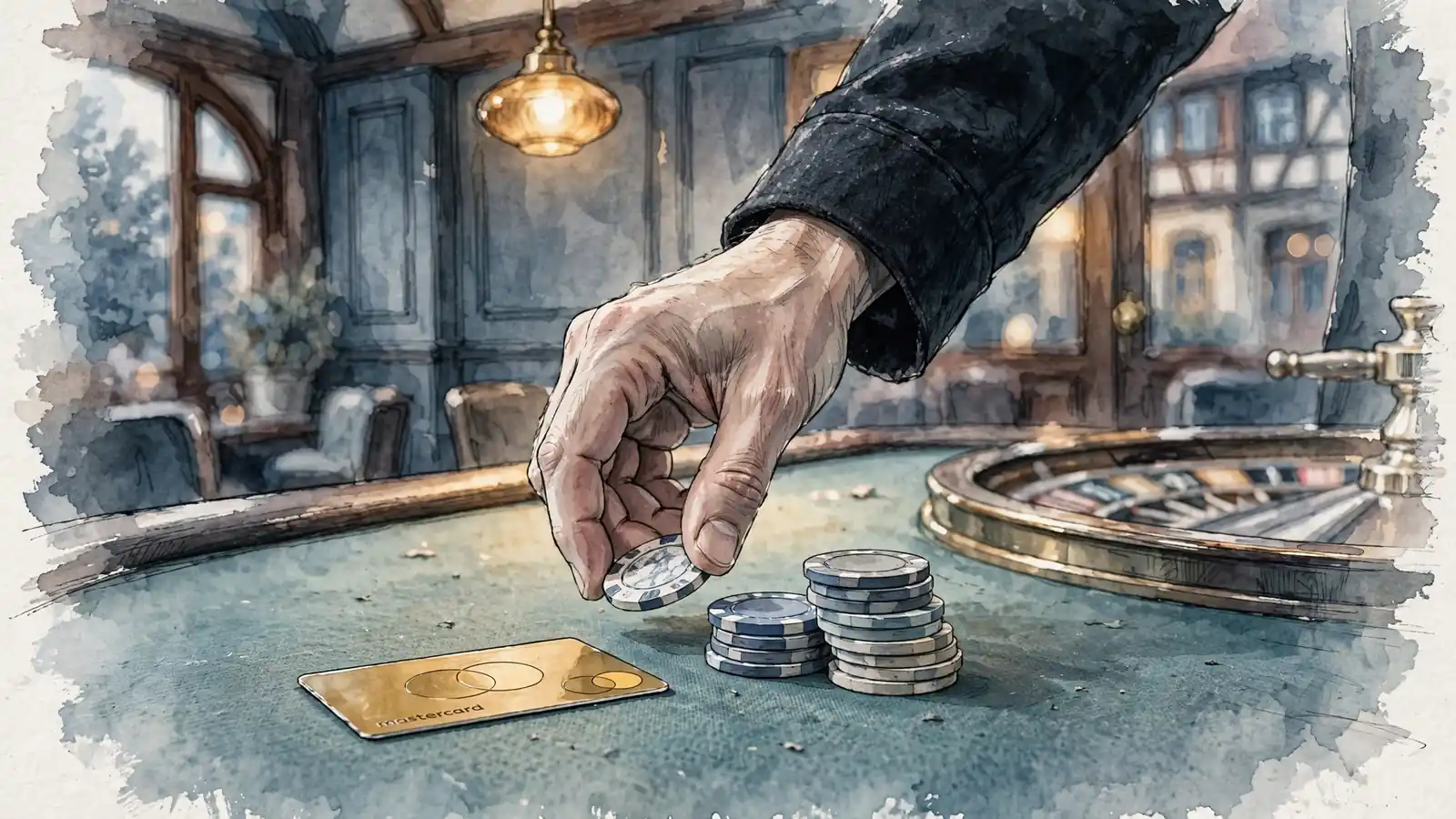 Casino-Tisch mit Spielchips und Mastercard-Karte