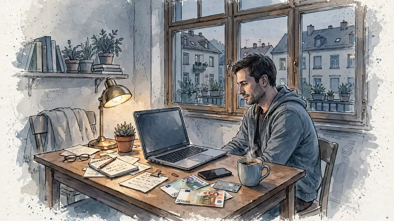 Abendliche Szene in einer deutschen Wohnung: Person am Schreibtisch mit Laptop, Smartphone, Euroscheinen und Kaffeetasse.