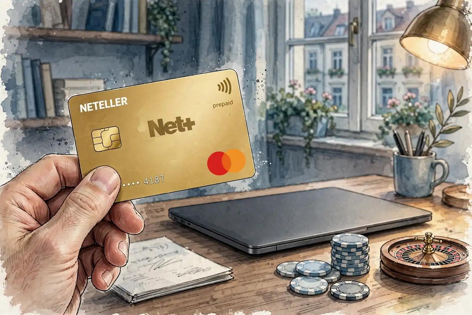 Hand mit goldener Neteller-Karte neben Laptop und Casino-Chips auf Schreibtisch