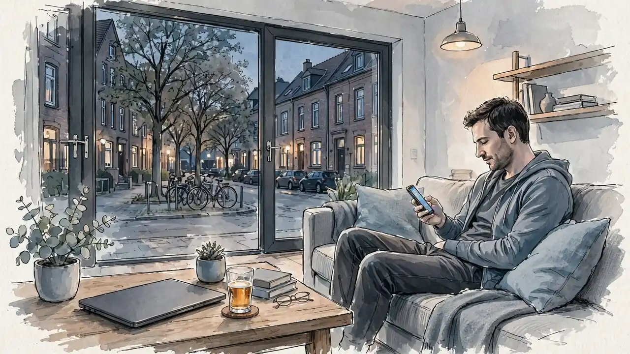 Abendliche Szene in einer deutschen Wohnung mit Smartphone auf dem Sofa