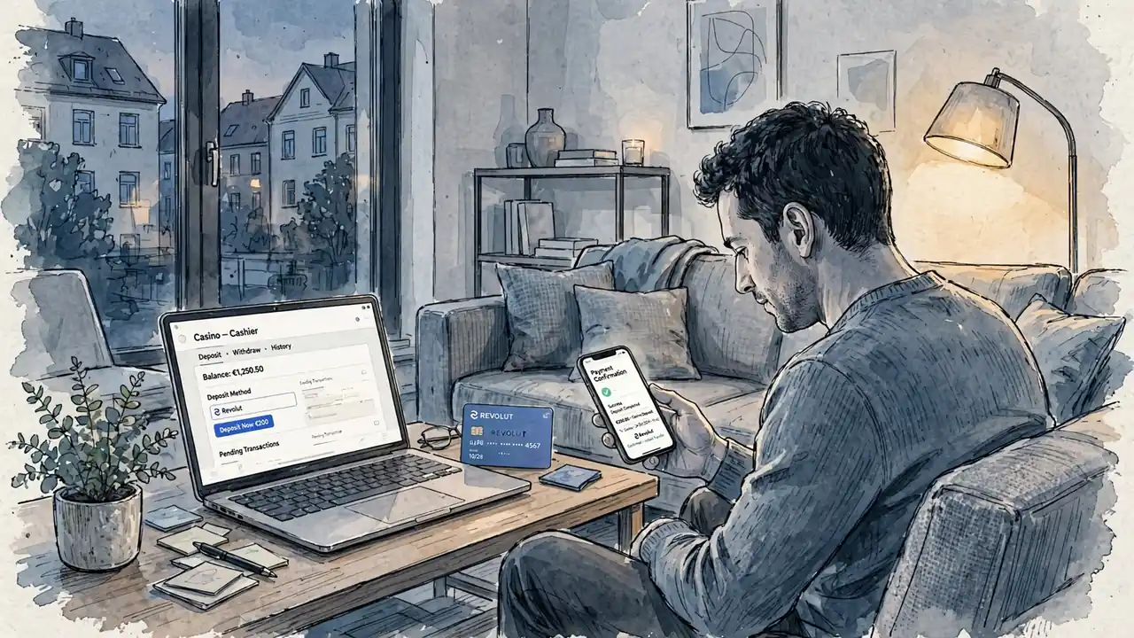 Person bestätigt Revolut-Zahlung im Online-Casino auf dem Handy.