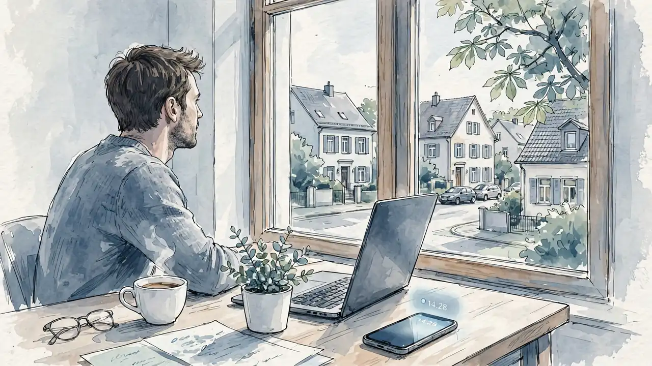 Person am heimischen Schreibtisch mit Laptop und Smartphone bei einer Online-Banktransaktion
