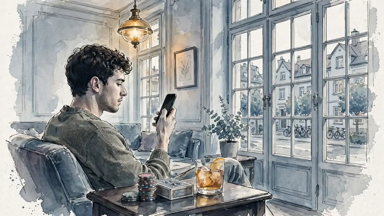 Junge Person in eleganter Lounge mit Smartphone und Casino-Chips auf dem Tisch