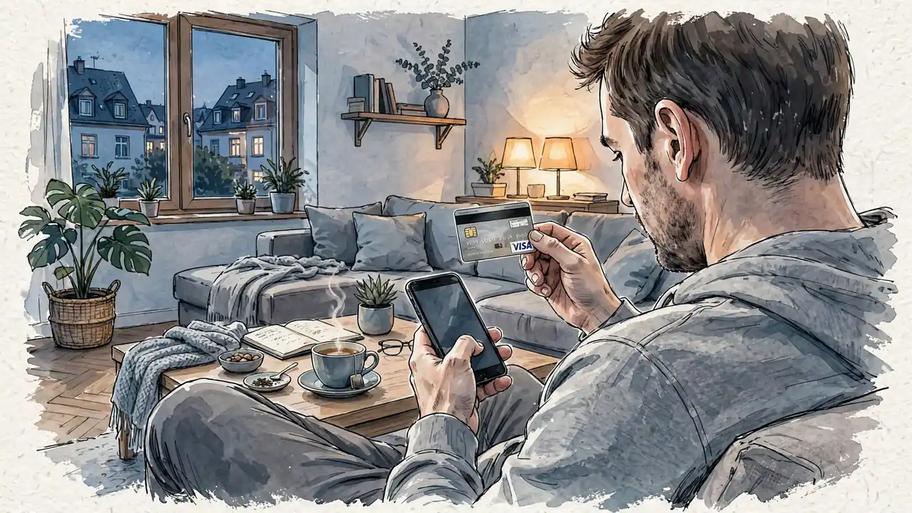 Person zu Hause mit Visa-Karte und Smartphone bei Online-Casino-Einzahlung.