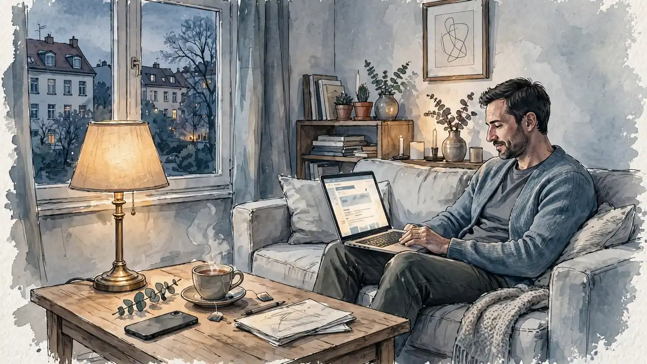 Wohnzimmer in Berlin bei Dämmerung mit Laptop und Smartphone