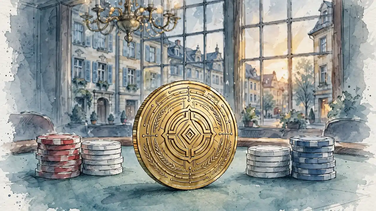 Goldene Kryptomünze auf grünem Filztisch mit Pokerchips vor deutschem Stadtblick