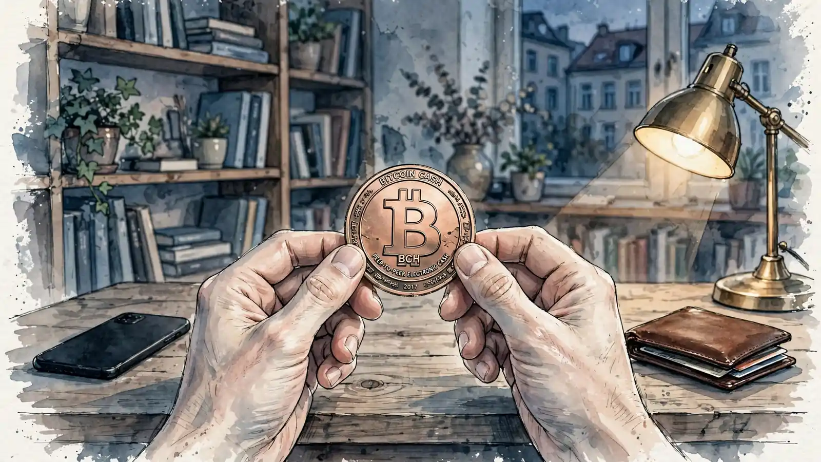 Hände halten eine Bitcoin-Cash-Münze über einem Holztisch in einer gemütlichen Berliner Wohnung.