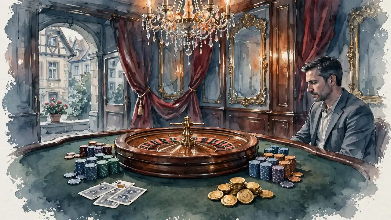 Eleganter Spieltisch mit Roulette, Casino-Chips und Spielkarten unter warmem Kronleuchterlicht
