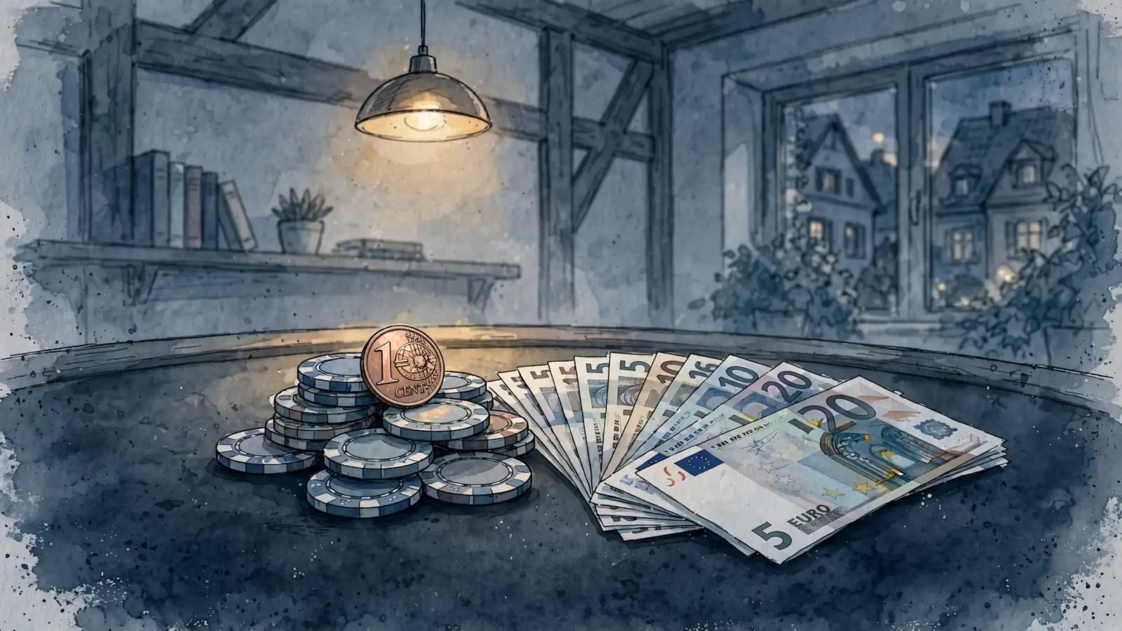 Kleine Casino-Chips und Euromünzen auf dunklem Filz mit einer 1-Cent-Münze im Vordergrund.