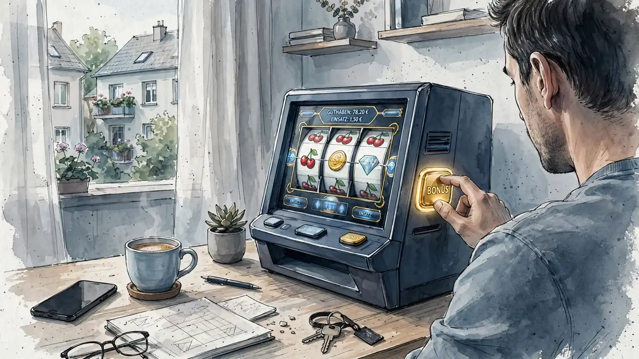 Spieler drückt Bonus-Knopf am Spielautomaten in deutscher Wohnung
